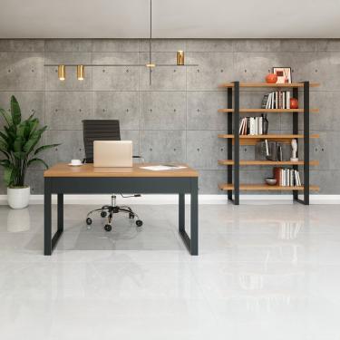 Imagem de Conjunto para Escritório Mesa com Estante 100% MDF Freijó Preto Fosco