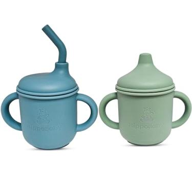 Imagem de HippoBaby Copo com bico de transição de silicone para crianças a partir de 6 meses | Inclui 1 copo de canudo infantil e 1 copo com alças de 142 g | Perfeito para desmame de bebês (céu/menta, 142 g)