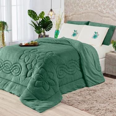 Imagem de Kit Roupa de Cama Edredom Coberdrom Floral Hibisco Verde King 03 Peças