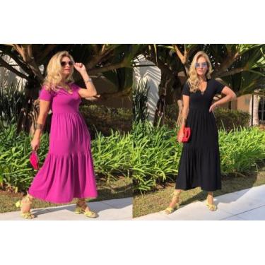 Imagem de Kit 2 Vestido Midi Camadas Verão Manga Curta Plus Size Liso - Madame, 