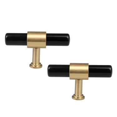 Imagem de Rockcloud Conjunto de 2 maçanetas de barra T de pedra obsidiana preta com parafusos, puxadores cilíndricos de gaveta, puxadores de hardware para armário, cômoda, armário, guarda-roupa, decoração de