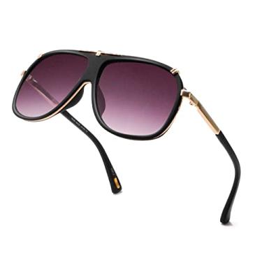 Imagem de Hanj Óculos de sol retrô femininos masculinos clássicos armação aviador anos 70 óculos de discoteca vintage, Preto fosco/opaco, 56mm