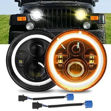 Imagem de Farol redondo CREE de 17,78 cm com anel halo Angel Eyes, 2 peças 6000 Lumens Hi/Lo Beam Farol Offroad Light compatível com Jeep Wrangler JK TJ LJ 1997-2018 com adaptador Plug and Play H4 para H13 1997