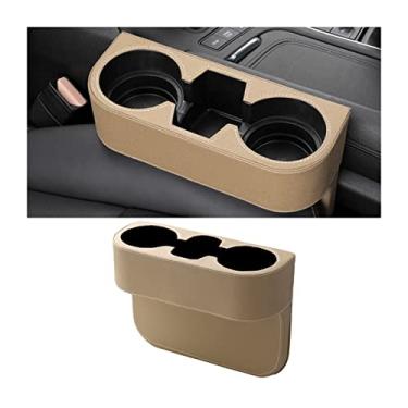 Imagem de AICEL Suporte de copo de carro com suporte de telefone, capa de couro para console de bolso lateral, organizador de bebidas interior com espaço para assento dianteiro automático, acessórios multifuncionais, armazenamento de moedas, bebidas, chaveiro, carteira, óculos de sol (bege)