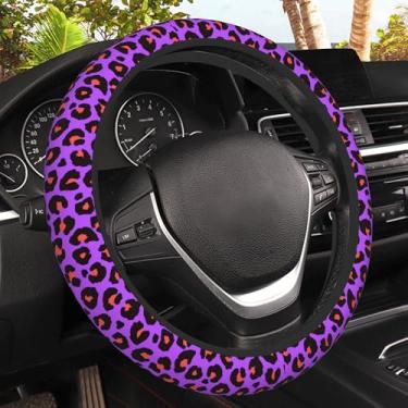 Imagem de Capa de volante com estampa de leopardo roxo, protetor de volante elástico antiderrapante, decoração de interior automotivo para mulheres e meninas, universal de 38 cm, adequado para sedãs, caminhões