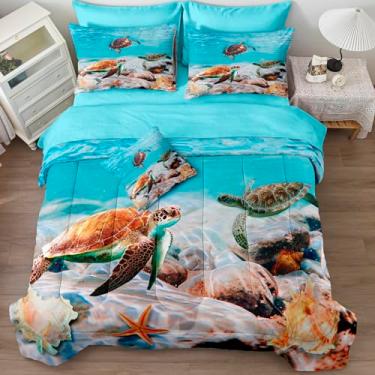 Imagem de Dreamwaka Jogo de edredom King com tema de oceano e tartaruga marinha, edredom costeiro, decoração de casa, temática de praia, conjunto de lençol com 1 capa de almofada (king, oceano)