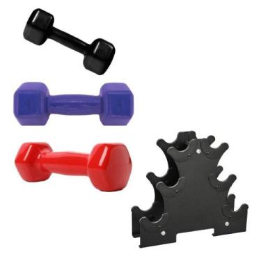 Imagem de Kit 3 Halteres Sextavados Peso Academia + Suporte 12Kg - Bonafit