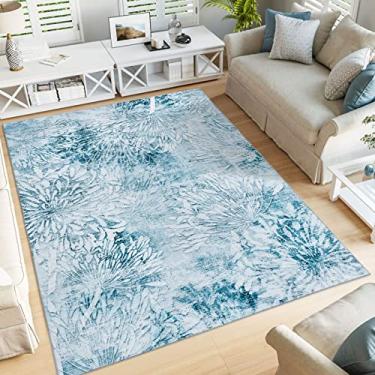 Imagem de DECOMALL Tapetes de área laváveis à máquina de jasmim, tapete floral moderno, tapete dobrável para sala de estar quarto sala de jantar, 9,5 cm x 1,7 m, azul/branco
