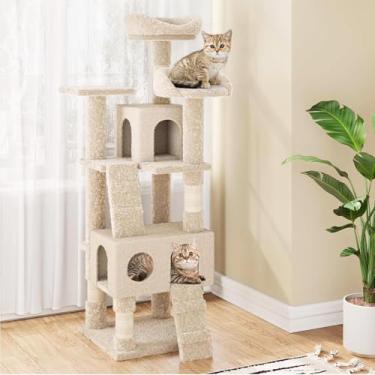 Imagem de Árvore para gatos, condomínio alto para gatos grandes e internos, móveis para casa de gatos com poleiro de pelúcia acolchoados (bege, 160 x 50 x 50 cm)