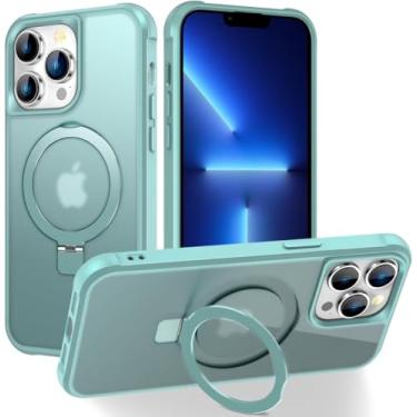 Imagem de CHAOFEnG Capa magnética compatível com iPhone 13 Pro com suporte [teste de queda de grau militar] [compatível com ímã] anel translúcido fino rígido traseira macia borda macia, verde-petróleo