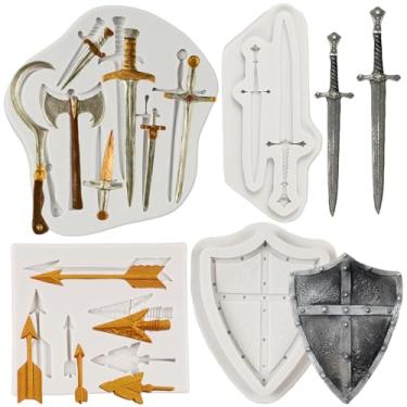 Imagem de FCKEMLDS Moldes de silicone para espada, machado de arma, molde de fondant, espadas, escudo de batalha, moldes de chocolate para decoração de bolos, enfeite de cupcake, pasta de chiclete, argila de