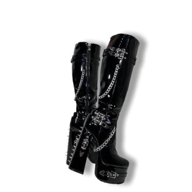 Imagem de Frankie Hsu Botas Góticas Sensuais E Grossas Com Plataforma Até O Joelho, Rebites De Corrente De Prata Envernizada Preta Gótica, Sapatos Punk Y2K Hot Girl, Tamanho Grande, Panturrilha Larga, Sapatos