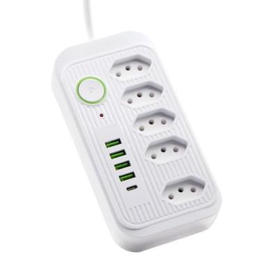 Imagem de Filtro de Linha, Extensão de tomada, Régua de Energia Branco | 5 Tomadas, 4 Interfaces USB, 1 Porta USB Tipo-C, Proteção Contra Surtos, 2500W 10A, Cabo 2m, Bivolt 110-220V, Botão Liga/Desliga