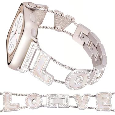 Imagem de CRIS-BAND Pulseira de diamante feminina compatível com Apple Watch de 45 mm, 44 mm, 42 mm, 41 mm, 40 mm, 38 mm, séries 10, 9, 7, 6, 5, 4, 3, 2, 1 e SE, de metal brilhante e prata para Apple Watch