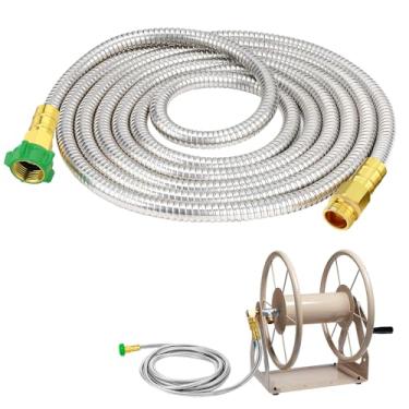 Imagem de Mangueira de jardim com conector macho para fêmea - Mangueira de metal à prova de vazamento de 4,5 m para carretel de mangueira, mangueira flexível de aço inoxidável 304 resistente para irrigação de