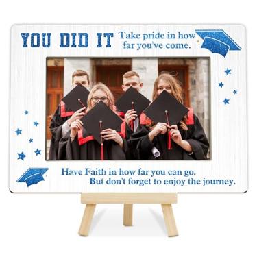 Imagem de OXRUN Moldura de graduação, moldura de madeira azul graduados com cavalete, You Did It, 10 x 15 cm para exibição de mesa de festa de formatura, presentes de parabéns para ele - C03