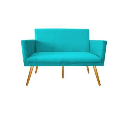 Imagem de Namoradeira Nina Decorativa Suede Azul Turquesa 2 Lugares Pés Madeira 