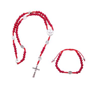 Imagem de Wowser Conjunto de presente de confirmação católica, colar de rosário vermelho e pulseira com crucifixo, colar de 34 cm, pulseira ajustável de 15 cm, 13.5 Inches Necklace, 6.0 Inches Bracelet