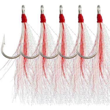 Imagem de Bucktail Teaser anzóis de pesca, 5 peças de plataforma de linguado de água salgada de aço inoxidável anzóis Bucktail Mylar Flash Teasers inseridos para Striper Catfish Bacalhau Linguado Hi/Lo Rig