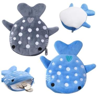 Imagem de Bolsa de moedas de baleia, 2 unidades de bolsa de moedas de tubarão baleia de pelúcia com zíper, bolsa kawaii, linda bolsa infantil para meninas e mulheres, Azul + cinza, standard, Bonito/desenho