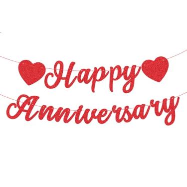 Imagem de Faixa vermelha de feliz aniversário com glitter - Placa de papelão pré-amarrada com guirlanda de coração para casais, artigos de festa de casamento, aniversário de amor, e decorações românticas