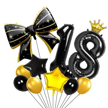 Imagem de Balões pretos e dourados de 101 cm, 18 números, coroa, balões pretos e dourados para decorações de festa de aniversário de 18 anos, suprimentos de decorações de aniversário (18)