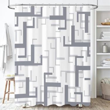 Imagem de BTTN Cortina de chuveiro de tecido Stall – 137 x 192 cm Conjunto de cortina de chuveiro de tecido impermeável geométrica longa com 10 ganchos de plástico, cortinas de chuveiro de poliéster abstratas