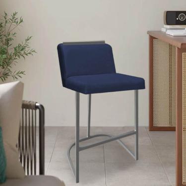 Imagem de Banqueta Com Encosto Nynna Luxo Confort Bistrô Cozinha Ferro Cinza Suede Azul Marinho - Amey Decor