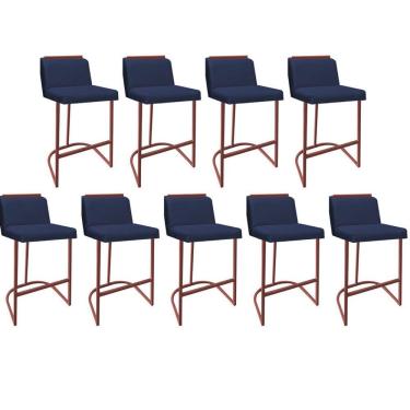 Imagem de Kit 09 Banquetas Com Encosto Confort Bistrô Cozinha Ferro Bronze Suede Azul Marinho Amey Decor