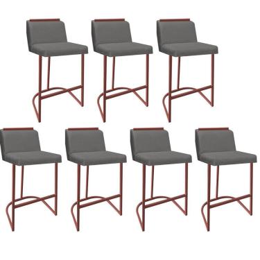 Imagem de Kit 07 Banquetas Com Encosto Confort Bistrô Cozinha Ferro Bronze Suede Cinza Amey Decor