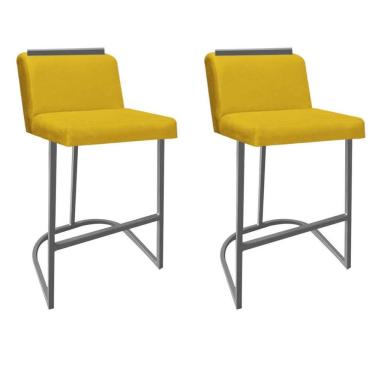Imagem de Kit 02 Banquetas Com Encosto Confort Bistrô Cozinha Ferro Cinza Suede Amarelo Amey Decor