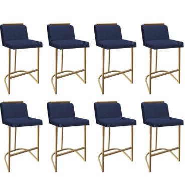 Imagem de Kit 08 Banquetas Com Encosto Confort Bistrô Cozinha Ferro Dourado Suede Azul Marinho Amey Decor