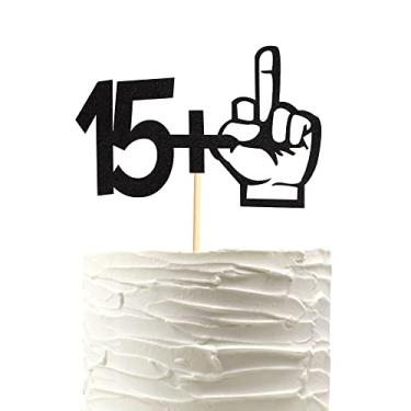 Imagem de Arthsdite Topo de bolo com glitter preto 15+1 dedo médio - Decorações de festa de aniversário de 16 anos - Artigos engraçados para festa de aniversário de 16 anos