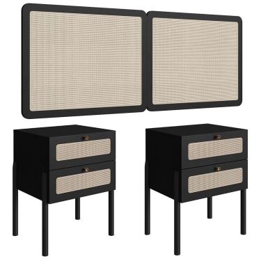 Imagem de Cabeceira Casal Queen E 2 Mesas Pés Madeira Arlo A10 Nero/preto - Mpozenato