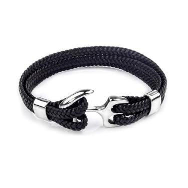 Imagem de Lantine Pulseira de couro bovino trançada âncora para homens e mulheres pulseira multicamadas pulseira pingente pulseira náutica surf joias para pai, irmão, marido, ele, 21 cm, 21, Sem Pedra Preciosa