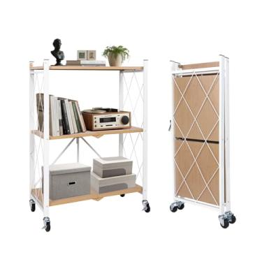 Imagem de BAOYOUNI Estante industrial vintage de 3 camadas – Prateleira de armazenamento dobrável sem montagem com acabamento de madeira | Estante de metal dobrável para sala de estar, escritório e quarto