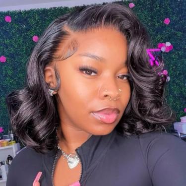 Imagem de HUIWANYAN Peruca Body Wave Bob Cabelo Humano 13X4 Hd Lace Front Perucas Pré-Selecionadas Curtas Para Mulheres Negras 180% Densidade Sem Cola Frontal Natural 12"