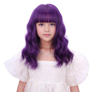 Imagem de Edivd Peruca Infantil Roxa Escura, Curta, Ondulada, Cacheada, Com Franja De Ar, Para Meninas, Resistente Ao Calor, Cabelo Sintético