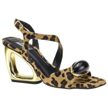 Imagem de Sandália Feminina Salto Estilizado Metálico com Enfeite ABS Salto Médio Fashion 2001 (Onça, BR, Adulto, Numérico, 34)