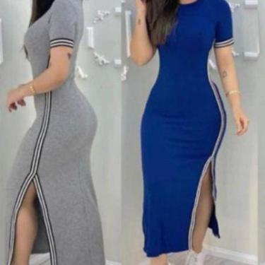 Imagem de Vestido longo manga curta listra fina lateral - Filó Modas, P, Azul