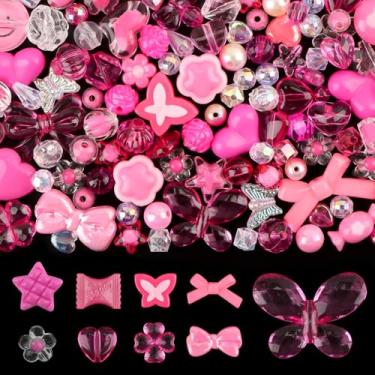 Imagem de 150 peças de contas pastel acrílicas para fazer joias, laço colorido Kalolary borboleta flor kawaii plástico doce coração fofo macaroon contas estéticas para pulseira colar suprimentos DIY (rosa rosa)