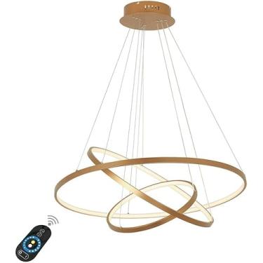 Imagem de Lustre De 3 Anéis Led Círculo Pingente De Luz Lâmpada Suspensa Ajustável Em Acrílico Moderno Sala De Estar Restaurante Lobby Hotel Luz De Teto, Gold+steplessdimming, 40+60+80cm