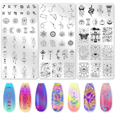 Imagem de beinkmake Conjunto de 3 peças de placas de estampagem de unhas de constelação do zodíaco, tarô, sol, lua, estrelas, aço inoxidável, ferramentas reutilizáveis com raspador de carimbo para impressão de