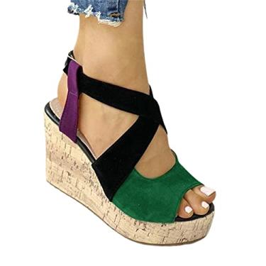 Imagem de Sandálias de cunha para mulheres verão, moda, dedo aberto, sandálias de plataforma boca de peixe, casual, antiderrapante, Alpercatas, para todos os tipos de roupas como Jean(Green,42 EU)