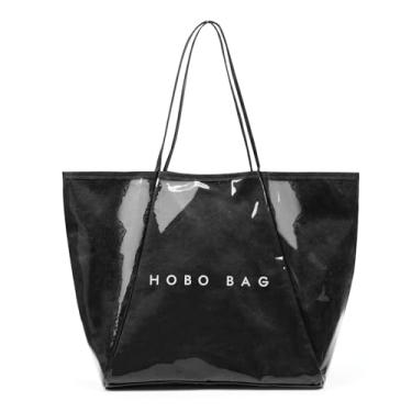 Imagem de Bolsa grande de PVC para mulheres, bolsa de ombro de papel kraft, letras impressas, Hobo, bolsa para trabalho, viagem, praia, Preto