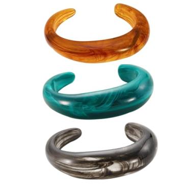 Imagem de 3 pulseiras grossas de acrílico aberto para mulheres, vintage, sombreamento, irregular, empilhável, conjunto de pulseiras coloridas de resina grossa, grande, com placa larga de acetato, pulseiras
