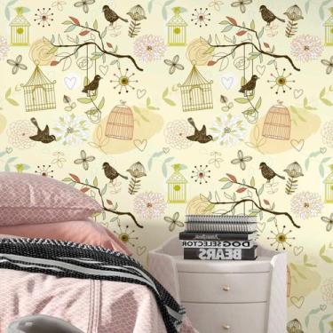 Imagem de Papel De Parede Adesivo Amarelo Passaro Flor Natureza 1.5m - DELIQUADR