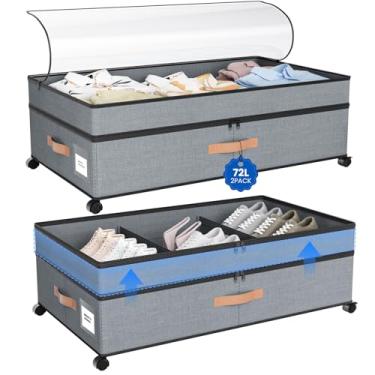 Imagem de Armazenamento sob a cama com rodas, pacote com 2 organizadores de armário 2GG 72L e caixas de armazenamento grandes, armazenamento ajustável 25,4 cm mais alto para embaixo da cama com alças, gaveta