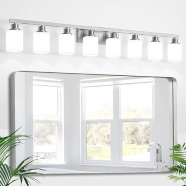 Imagem de DIKAIDA Luminária de banheiro com 8 luzes, lustres de níquel escovado com vidro fosco quadrado, luminárias de parede modernas sobre o espelho, iluminação de arandelas de parede para quarto e sala de