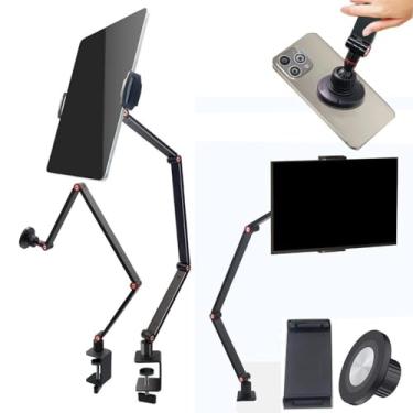 Imagem de Suporte para Tablet Monitor Portátil Celular De Mesa Braço Articulável Dobravel Rotação 360° Pedestal Base em Alumínio 2in1 Magnético Clipe Ajustável Universal Para iPad iPhone 4 a 17.3”